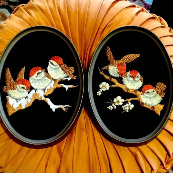 Ecstasy Giftware Other - VINTAGE VELVET FRAMED CREWEL WORK 3 LITTLE BIRDS